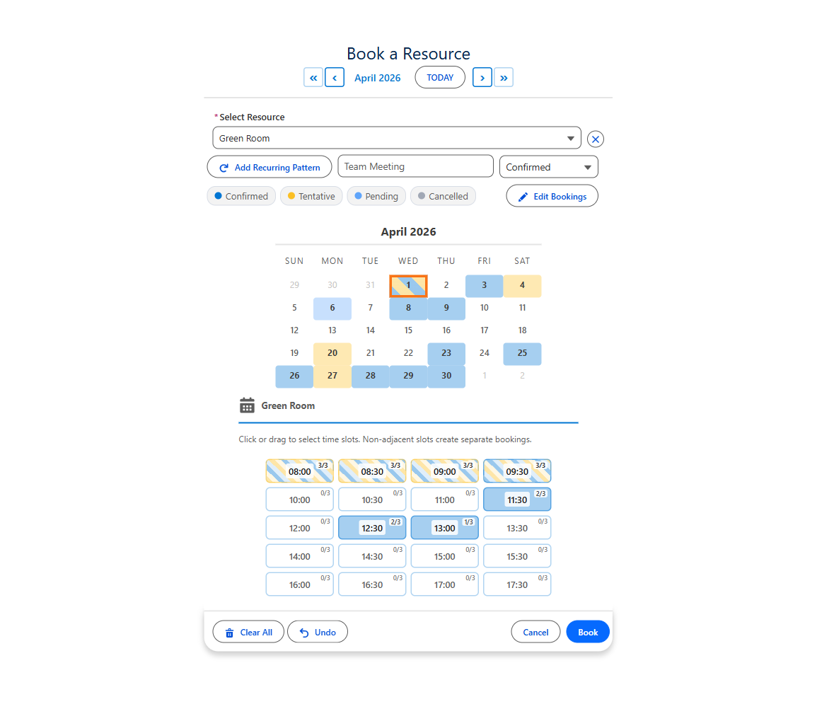 MultiDatePick Booking component in capacity + multi-resource mode — calendar, time-slot grid, status filter pills, and resource checkboxes