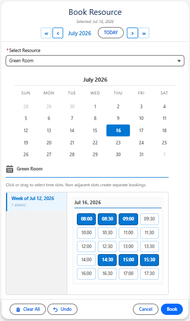multiDatePickBooking component showing resource booking with time slots