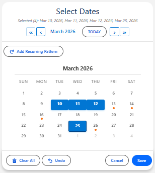 multiDatePickDates component showing selected dates on a calendar