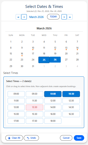 multiDatePickDateTime component showing date and time selection