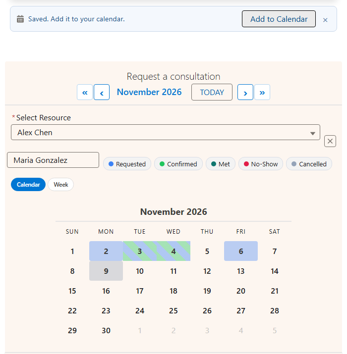 Salesforce booking calendar in MultiDatePick, month view, just after a consultation was requested: a bar reading Saved. Add it to your calendar, with an Add to Calendar button above the November calendar