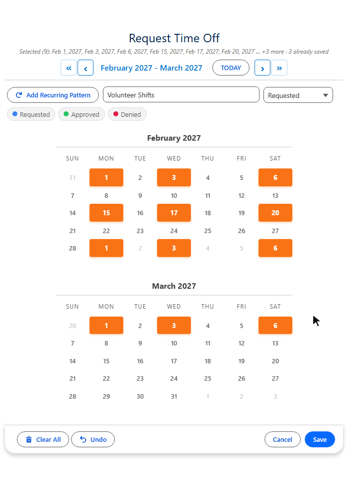 Animated demo of Add to Calendar in Salesforce: on a Request Time Off calendar, a Custom Days recurring pattern selects every other Monday, Wednesday and Saturday from February 1 to March 6, one Save creates 9 time-off records, and Add to Calendar downloads one calendar file holding all 9 events