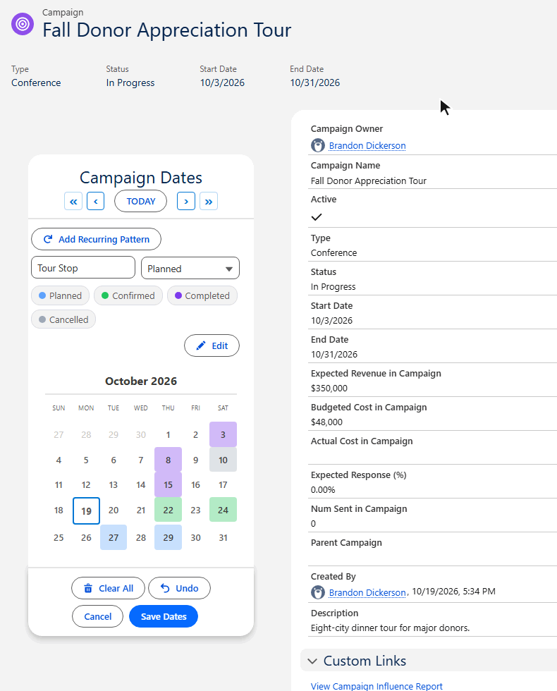 Animated demo of MultiDatePick on a Salesforce Campaign record page: a donor tour's dates shown in status colors, hovering a confirmed stop, picking two new dates and saving them as Campaign Date records