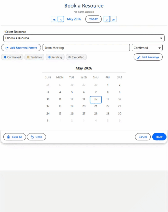Booking component showing resource booking with time slots in action