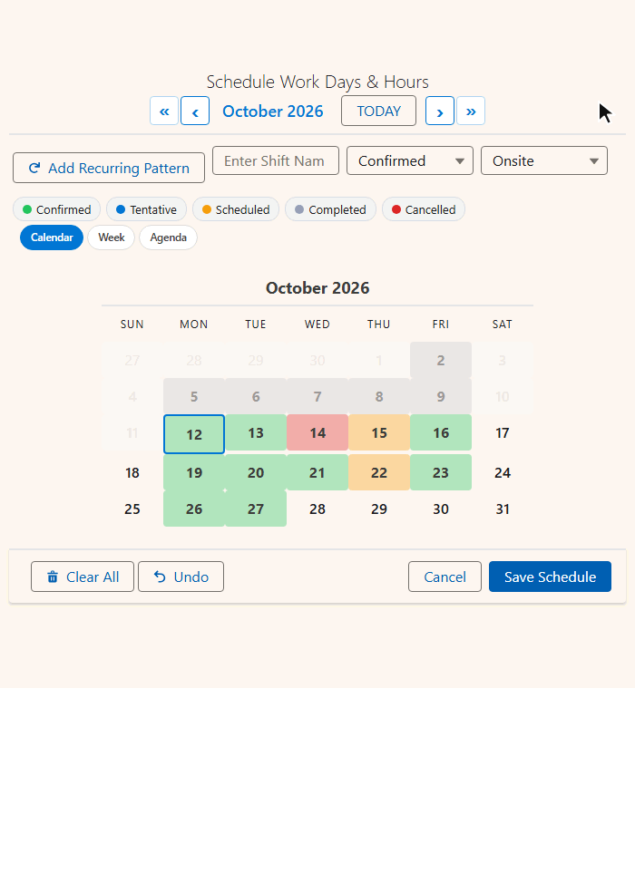 Animated demo of the MultiDatePick DateTime component in Salesforce: naming a New Hire Onboarding schedule, dragging across Monday to Thursday, dragging 09:00 to 12:00 in the shared time grid, and saving one shift per day