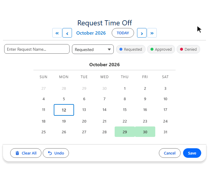 Animated demo of the MultiDatePick Dates component in Salesforce: naming a time-off request, dragging across three days of Thanksgiving week, adding the Friday with one click, and saving all four days at once