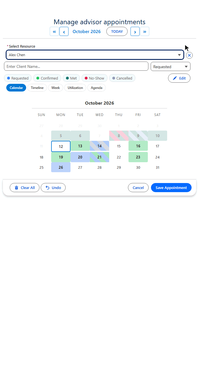 Animated demo of MultiDatePick Edit Mode on a Salesforce calendar: two days of Requested appointments are selected, Select All picks both bookings, the status is changed to Confirmed, and after Apply Changes both days turn from blue to green