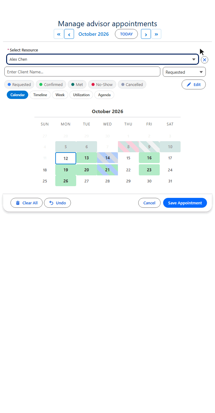 Animated demo of MultiDatePick Edit Mode on a Salesforce calendar: one day's two client appointments are selected, a new date is entered in Move to date, and after Apply Changes the bookings leave the 16th and appear on the 22nd
