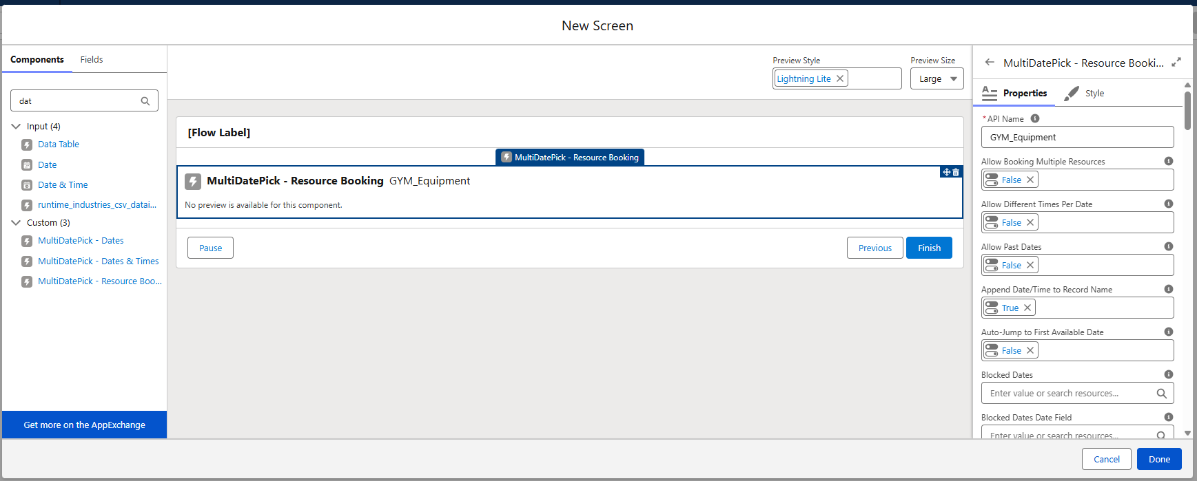 Dragging the MultiDatePick Booking component onto a Salesforce flow screen