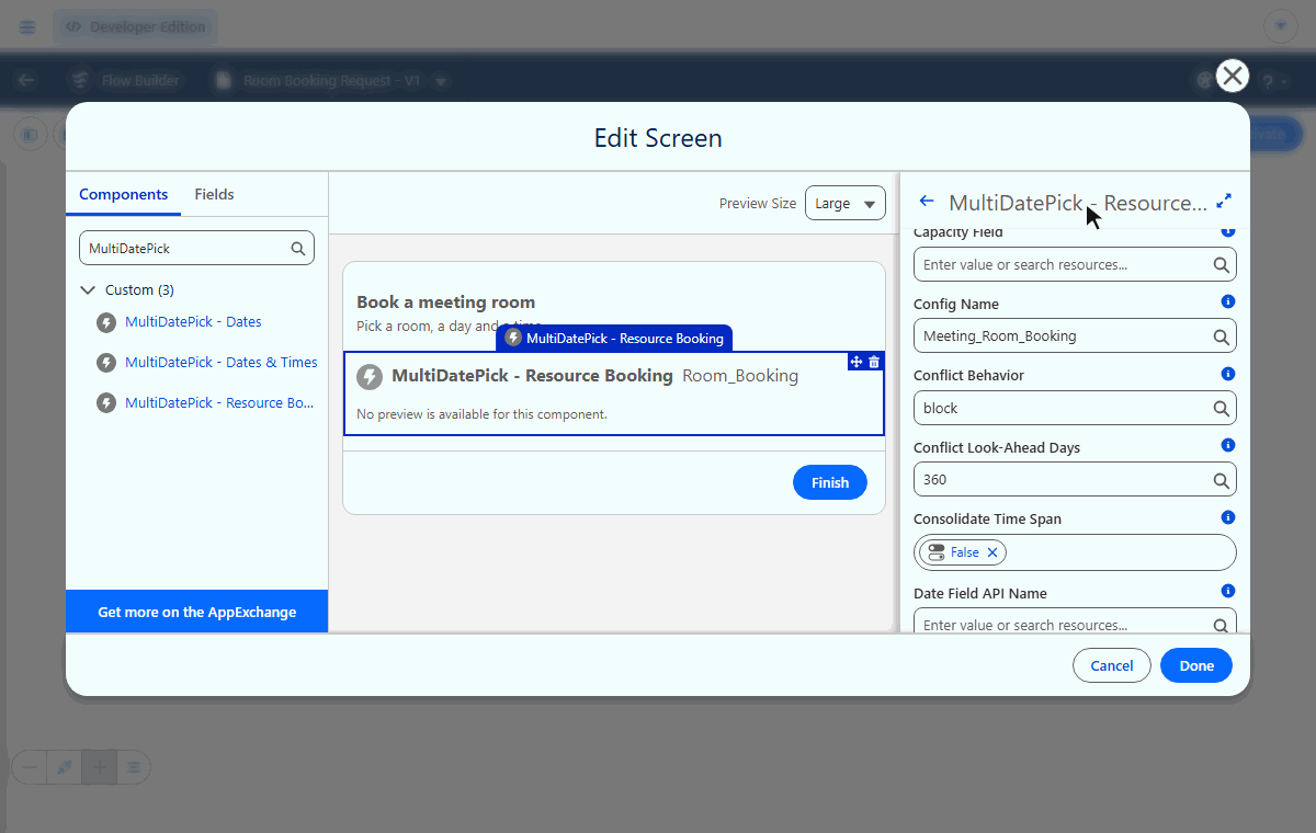 Animated demo in Salesforce Flow Builder: open a screen, search MultiDatePick, drag the Resource Booking component onto the screen, set Config Name to a saved Setup Wizard config, click Done and Save