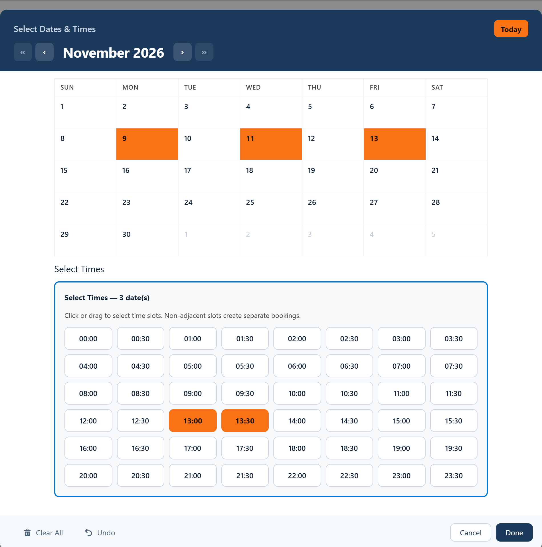 MultiDatePick date and time picker in a Salesforce Screen Flow: three shift days picked in November with 13:00 to 14:00 selected for all of them