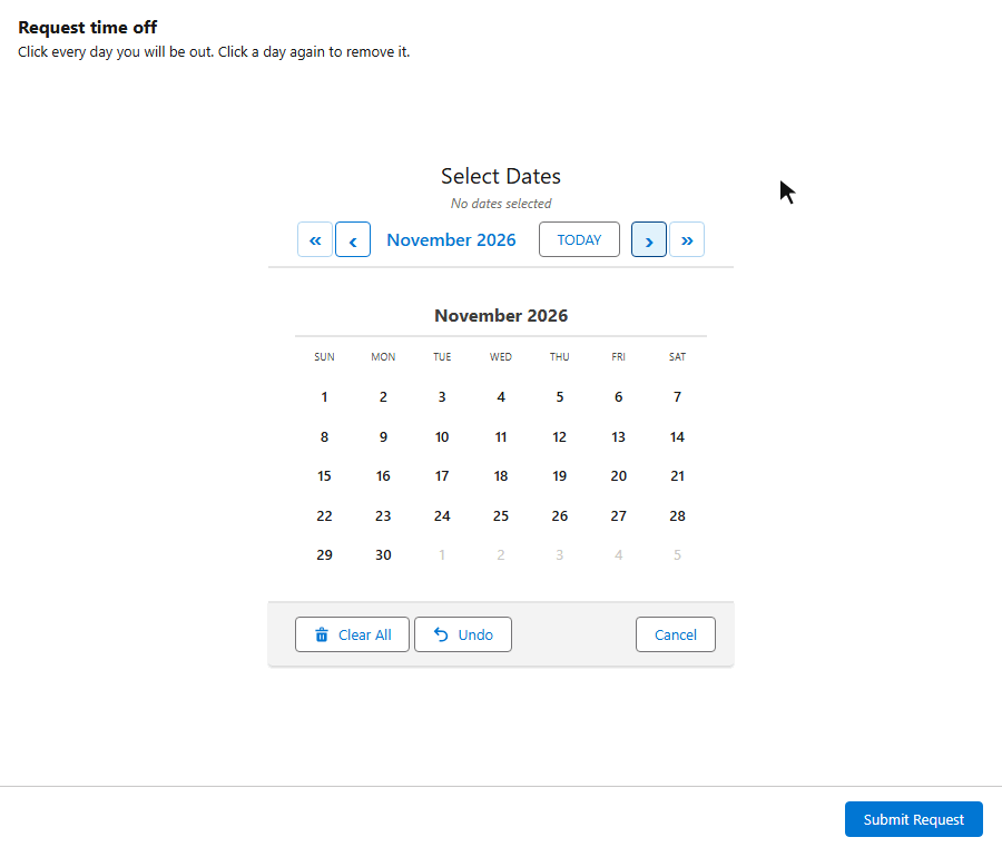 Animated demo of a Salesforce Screen Flow time off request: the user clicks three days on a MultiDatePick calendar, submits, and the next flow screen lists the three dates the flow received