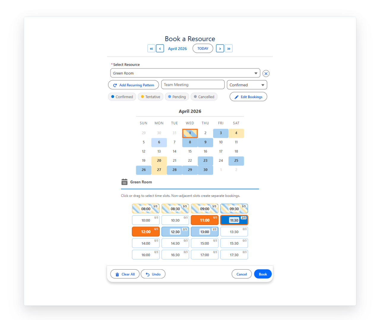 Resource booking time-slot grid with capacity badges