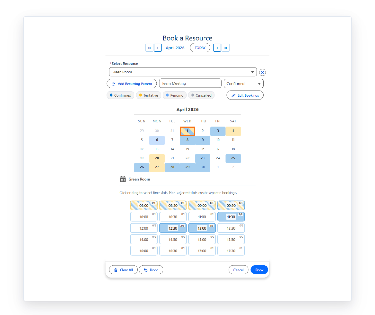 Capacity booking with X/Y badges on every slot