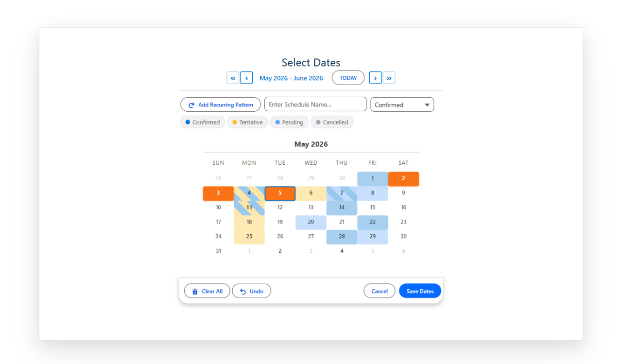 Date calendar with pastel status color fills on each cell
