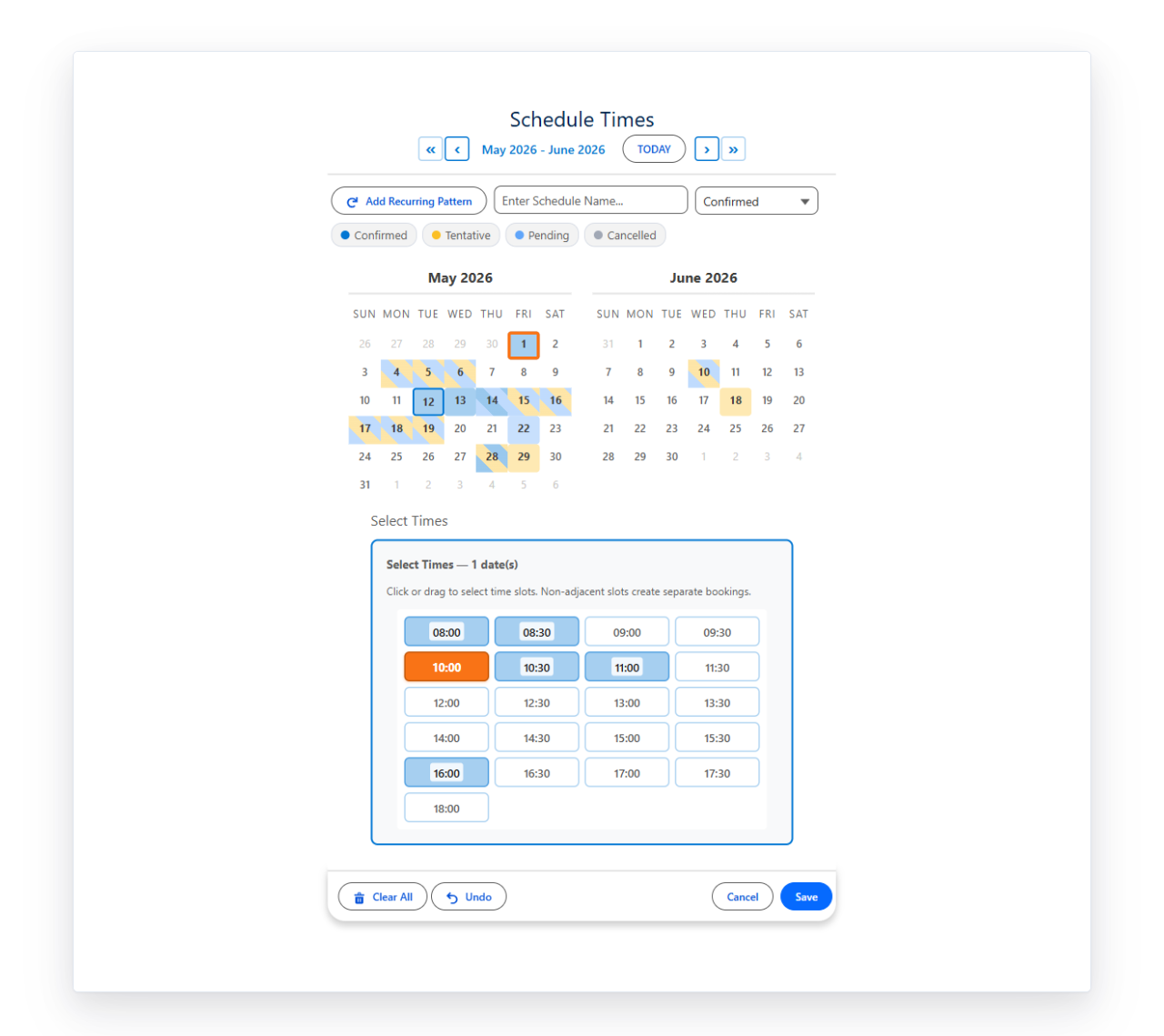 DateTime time-slot grid with selected slots highlighted