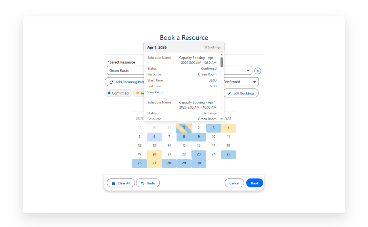 Hover popover showing booking details on a calendar date
