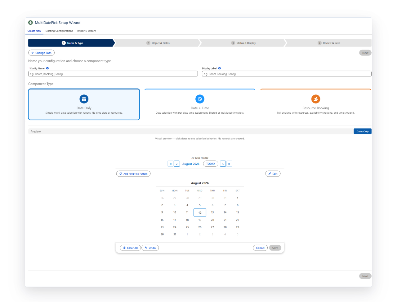 MultiDatePick Setup Wizard in Salesforce with the Live Preview pane showing a working Salesforce calendar below the component-type selector