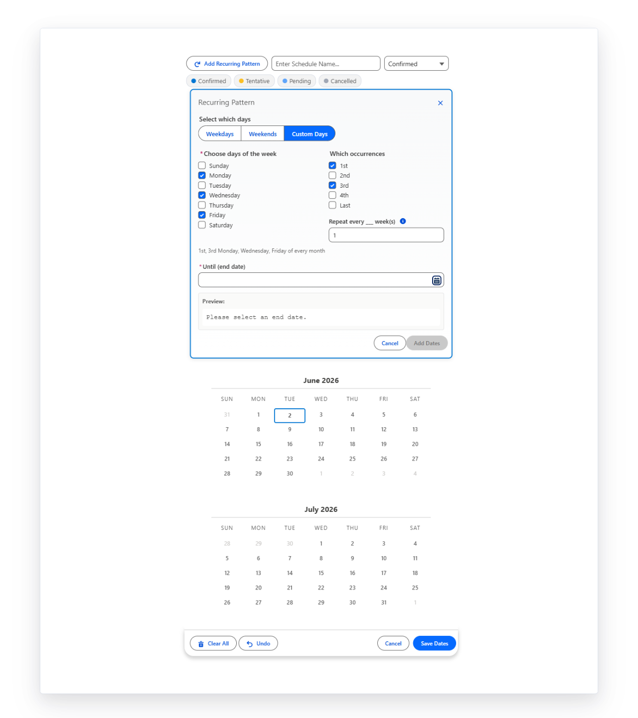 Recurring Pattern modal open showing Weekdays / Weekends / Custom Days tabs with an end-date picker, over a two-month calendar
