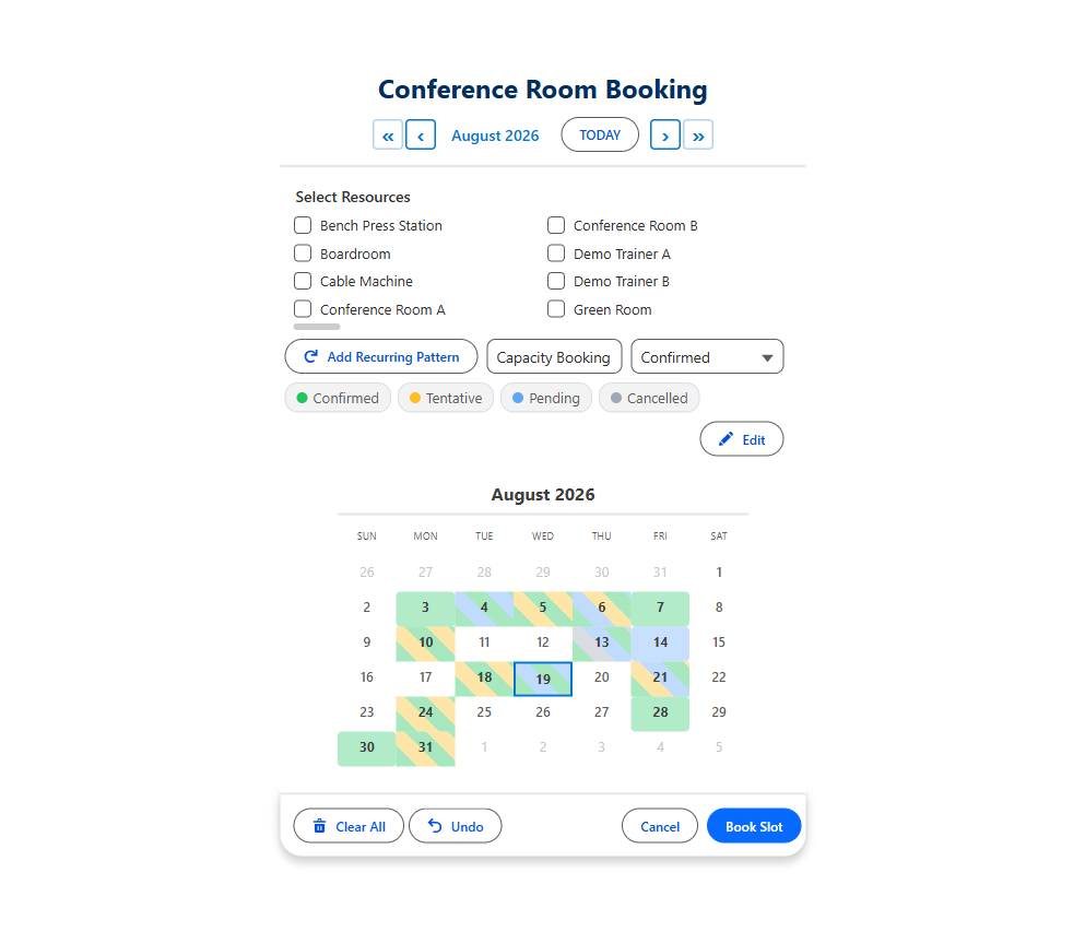 Salesforce Experience Cloud site showing a self-service booking calendar with available time slots