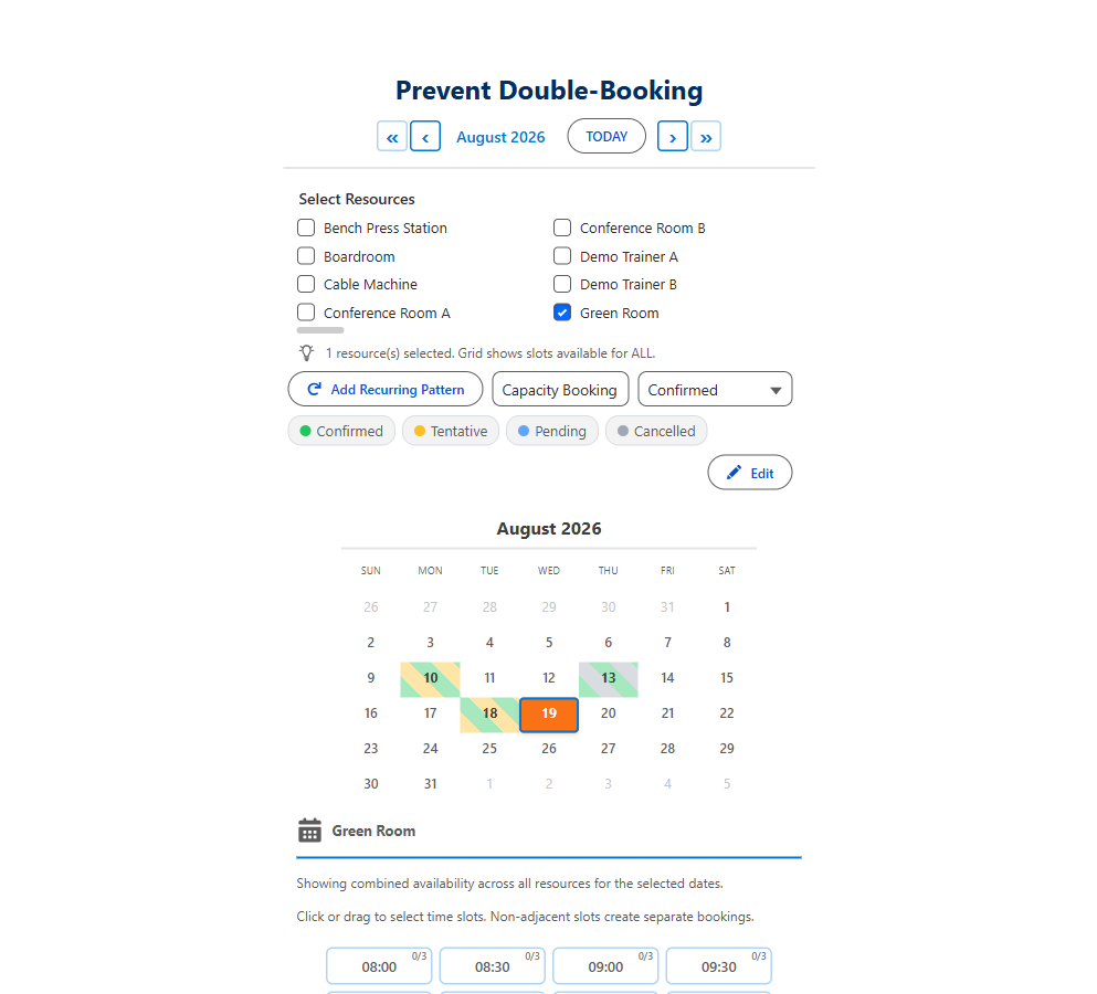 Salesforce interview calendar showing capacity badges and conflict detection on each time slot