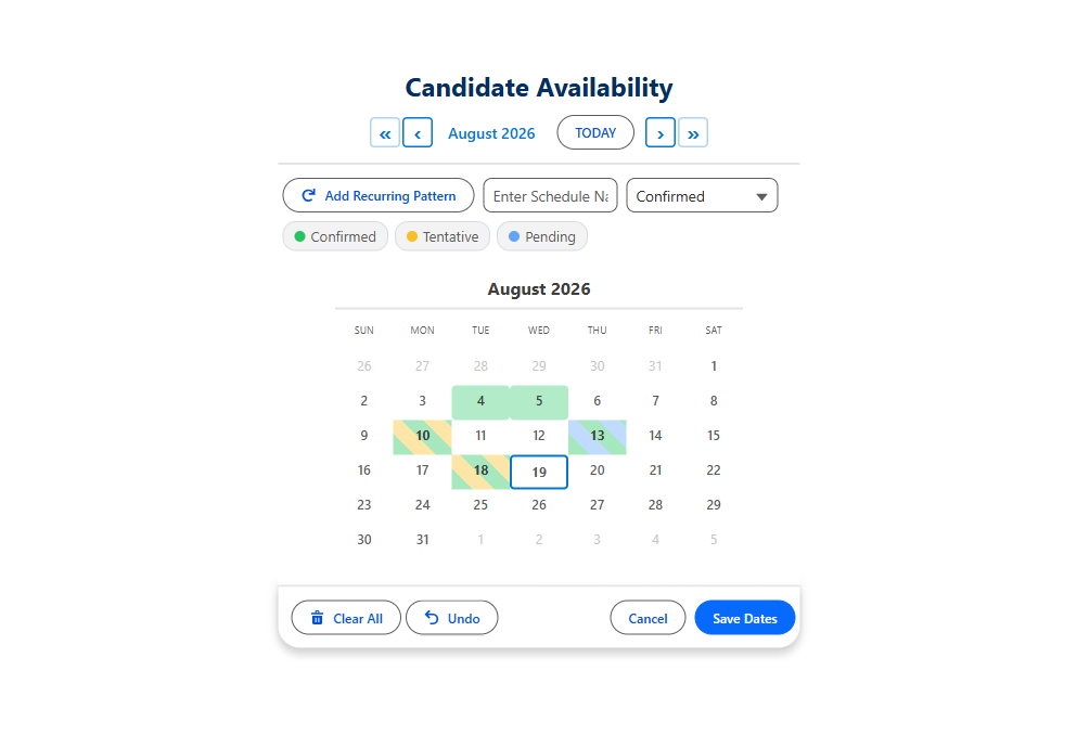 Salesforce calendar showing candidate availability across a month with color-coded status on each selected date