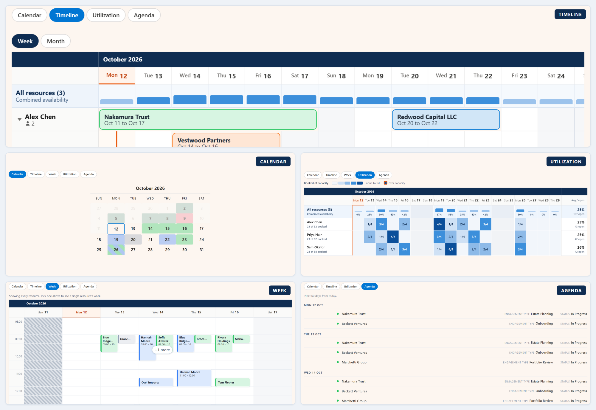 MultiDatePick showing Salesforce bookings in all five views: resource timeline, month calendar, utilization heatmap, week grid and agenda list