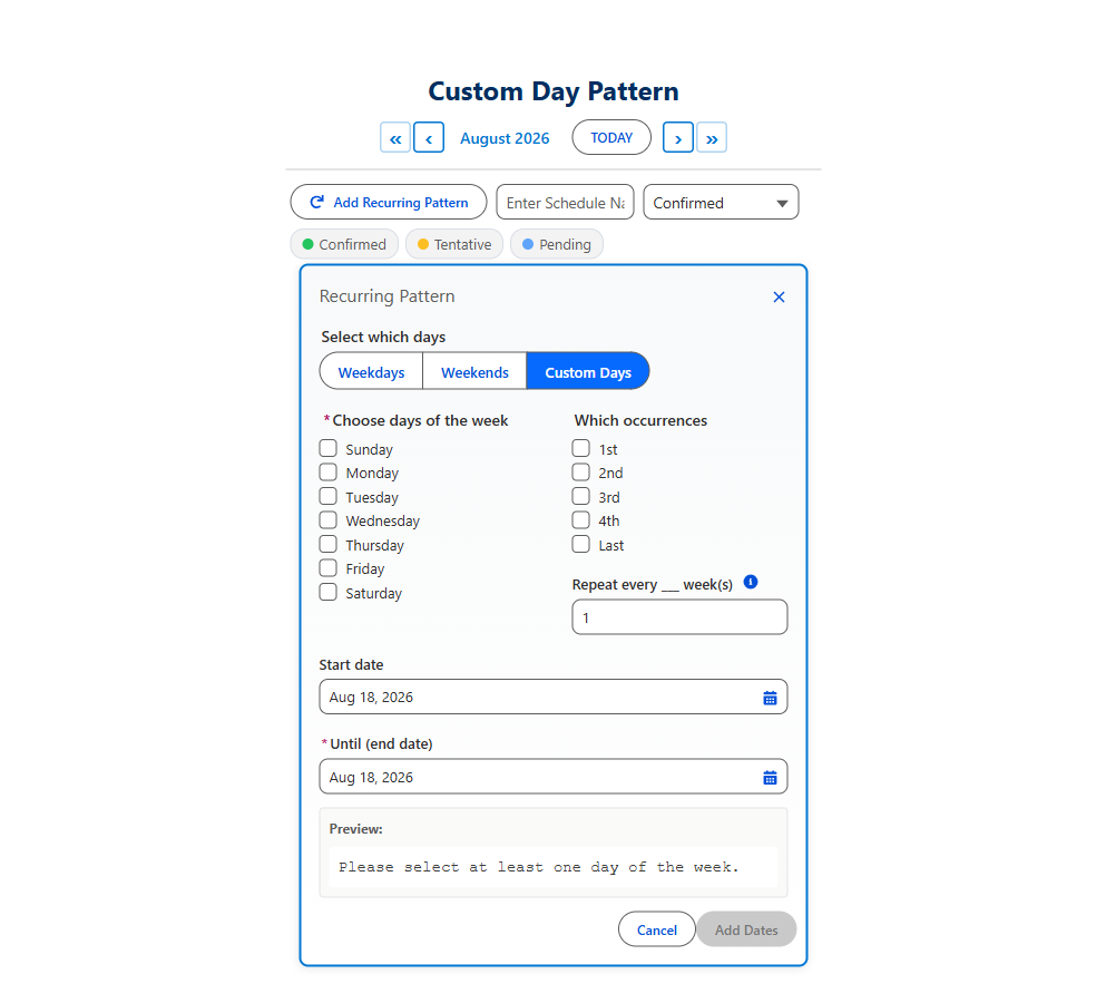 Salesforce calendar custom day-of-week recurring pattern picker with interval and date range controls