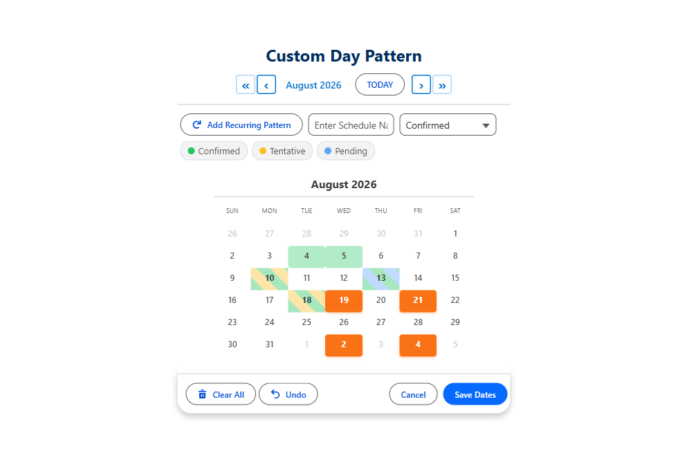 Salesforce calendar recurring pattern with custom day-of-week selection generating dates across a range
