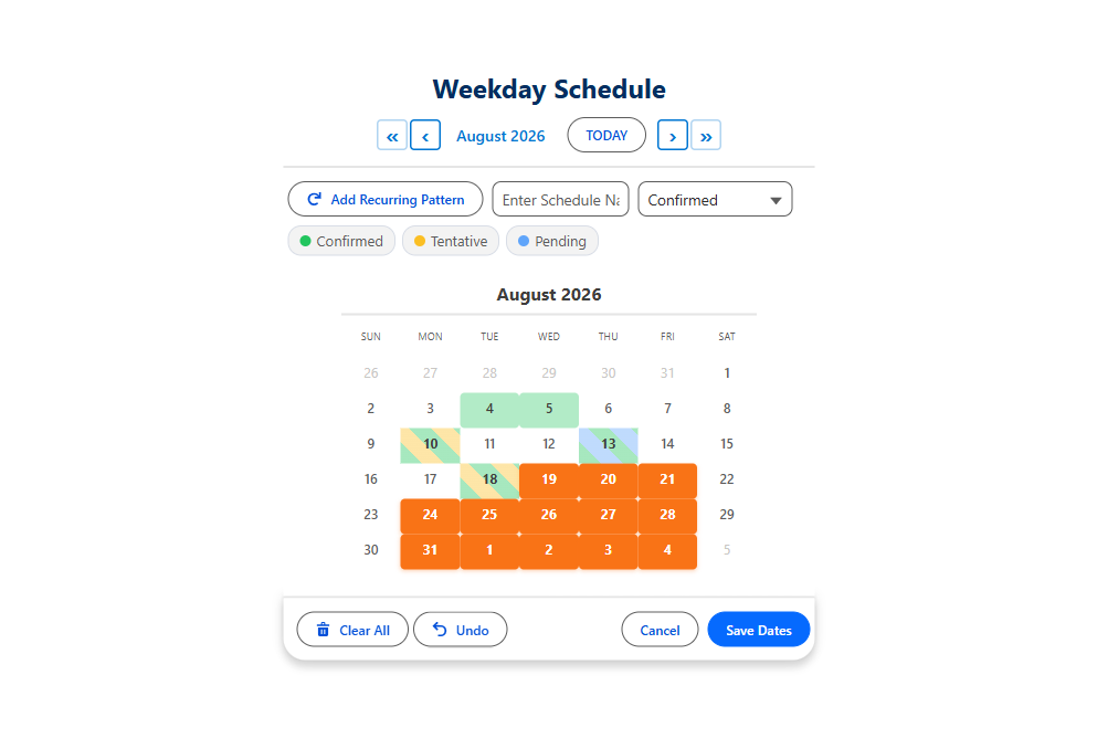 Salesforce calendar recurring weekdays pattern selecting every Monday through Friday across a date range