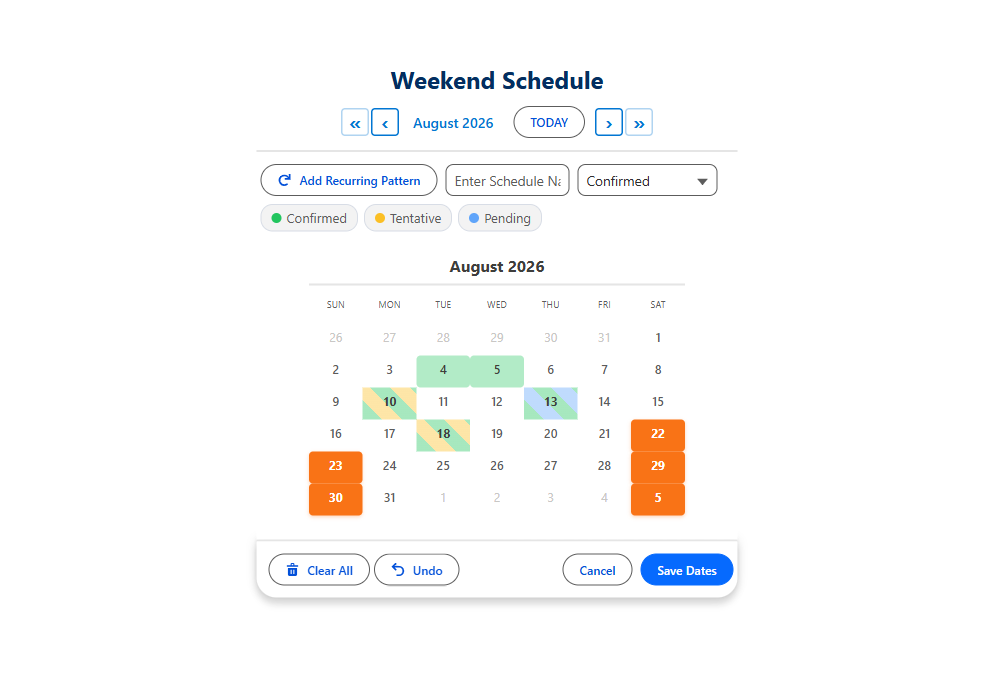 Salesforce calendar recurring weekends pattern selecting every Saturday and Sunday across a date range