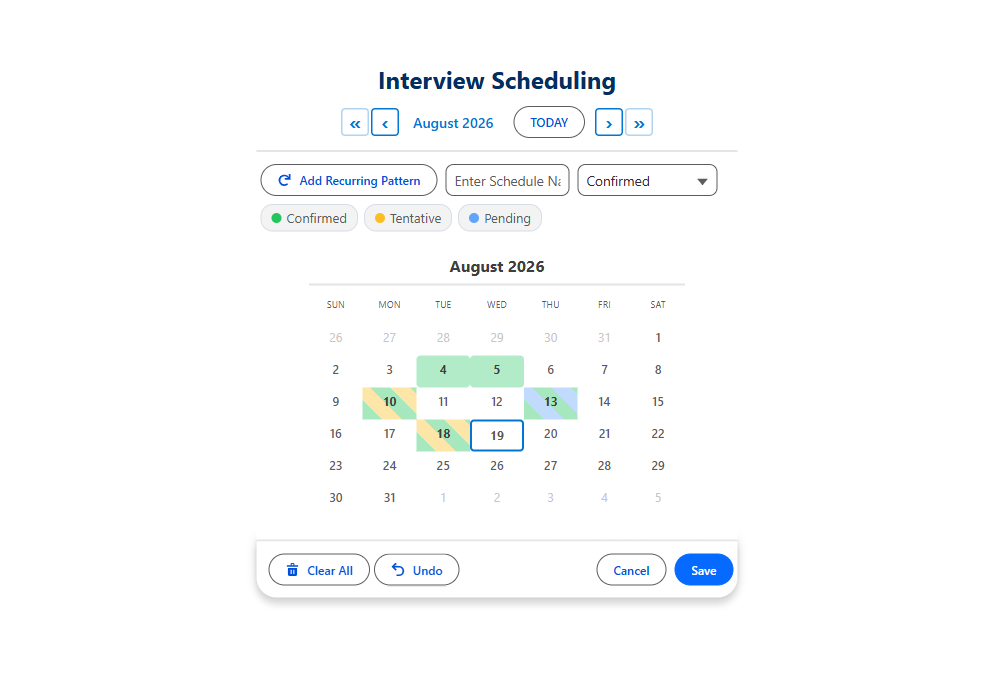 Salesforce calendar interview scheduling with a time slot grid showing available and booked slots
