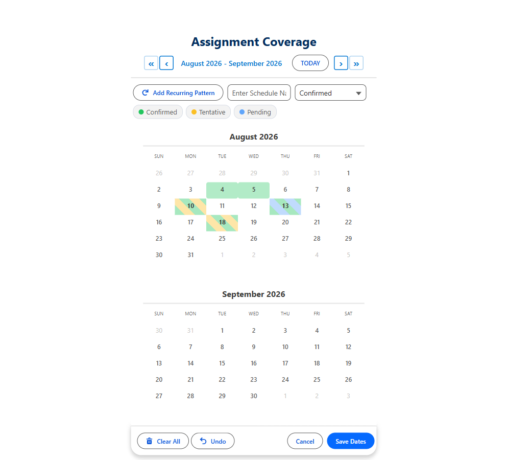 Two-month Salesforce calendar view for scheduling assignment coverage across a month boundary