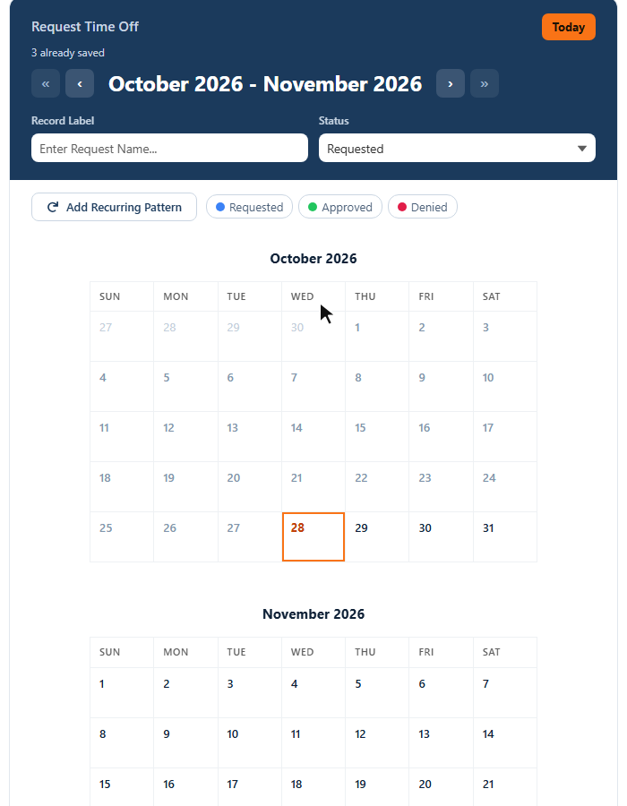 MultiDatePick の Salesforce 日付ピッカーで繰り返しパターンを設定するアニメーションデモ: 「繰り返しパターンを追加」、「カスタム日」、金曜、第 2・第 4、3 か月後の終了日を選ぶと 6 回の金曜がプレビューされ、「日付を追加」で 2 か月分のカレンダーに反映される