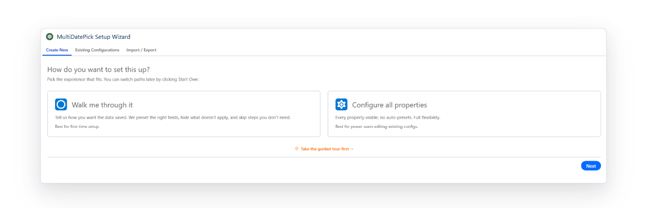 Setup wizard component-type picker with live preview pane