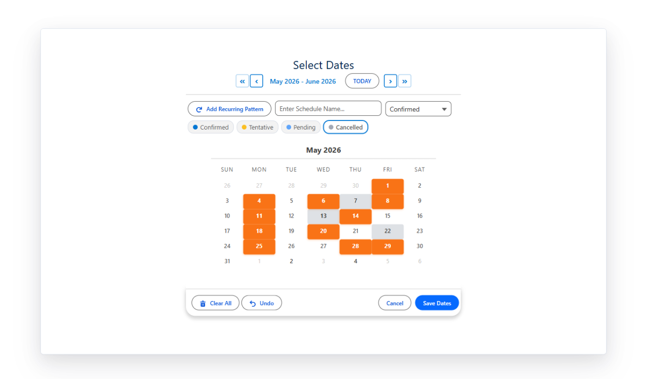 Status filter pills above the calendar showing colored chips
