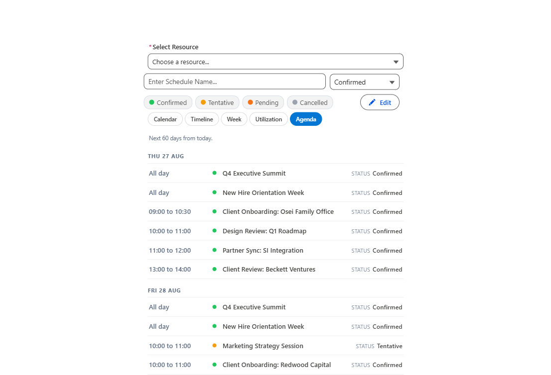 Salesforce agenda view: rolling chronological list of the next 60 days grouped by date, with time ranges, status labels, and configurable hover fields, optimized for a shift handover or mobile read