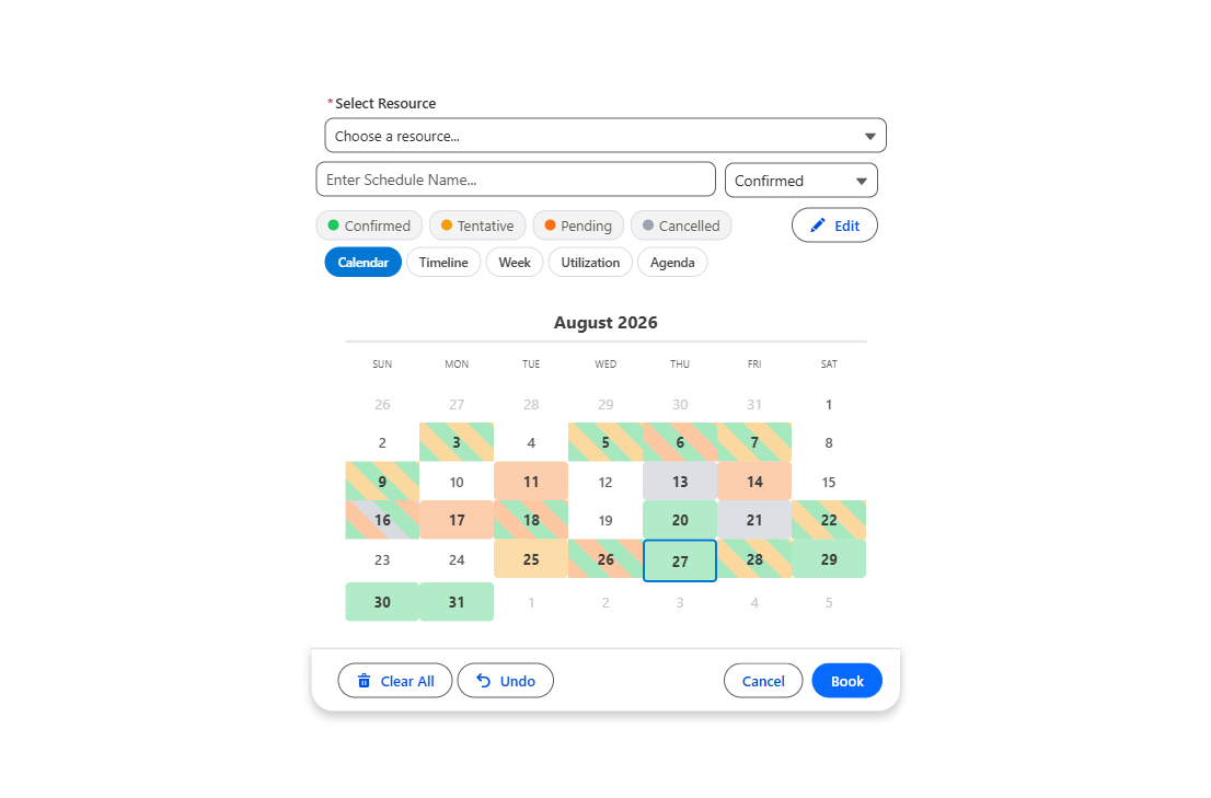 Salesforce calendar view (month grid) with status colors filling each date - Confirmed green, Tentative amber, Pending blue, Cancelled grey