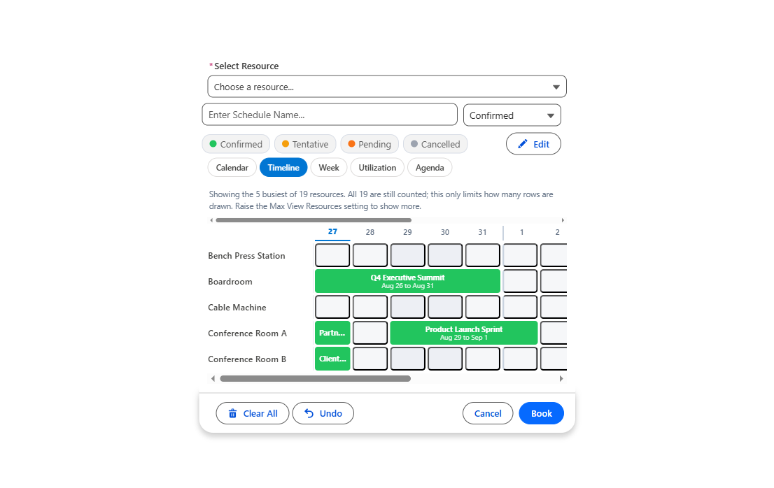 Salesforce resource timeline view: rooms (Boardroom, Conference Room A, Meeting Room 1-3) down the side, dates across the top, multi-day bookings render as continuous bars, overlapping records stack into lanes so nothing gets dropped