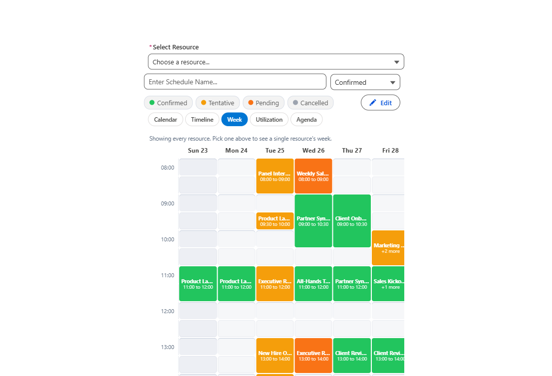 Salesforce week view: seven days across the top, hours down the side, booking blocks span their real duration - the answer to who is free Thursday at 2pm without switching pages