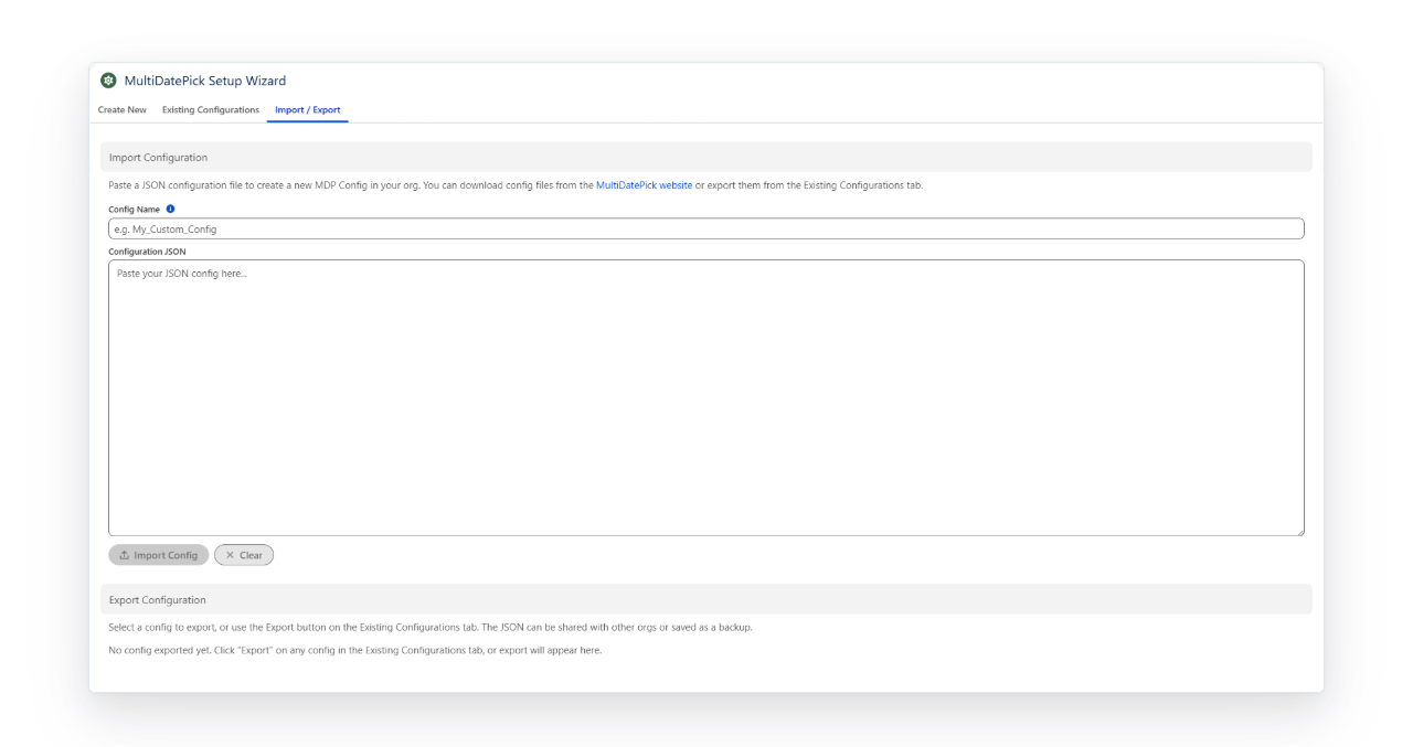 MultiDatePick Setup Wizard in Salesforce: Import / Export tab with a configuration JSON paste box and the export section