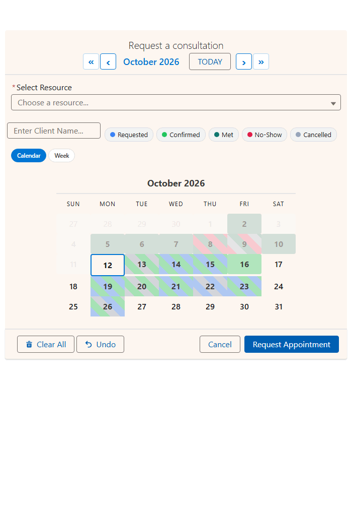 Salesforce resource booking demo: choosing an advisor, entering the client, picking a date and an open 30 minute slot, and saving the request