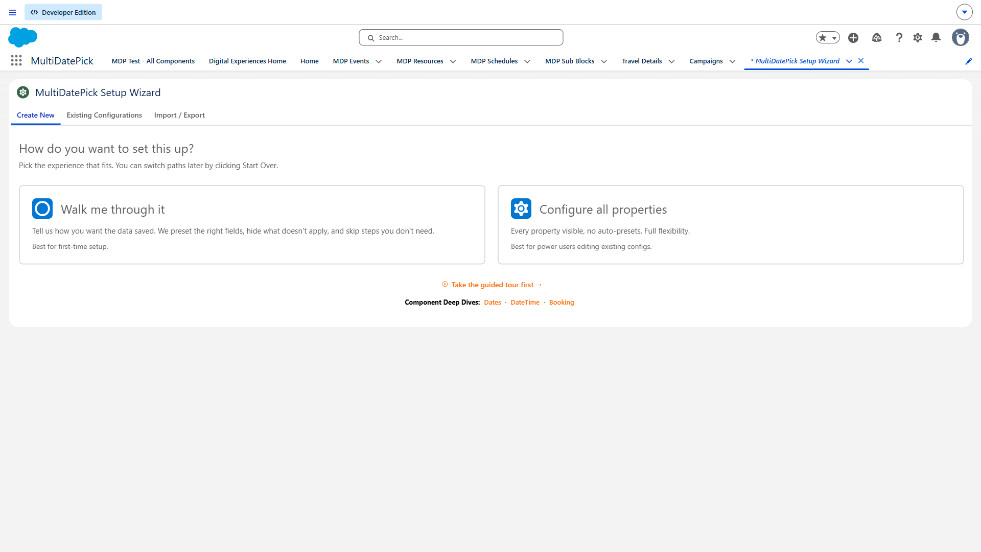MultiDatePick Setup Wizard - Step 1: Name & Type, with Date Only, Date + Time, and Resource Booking component cards