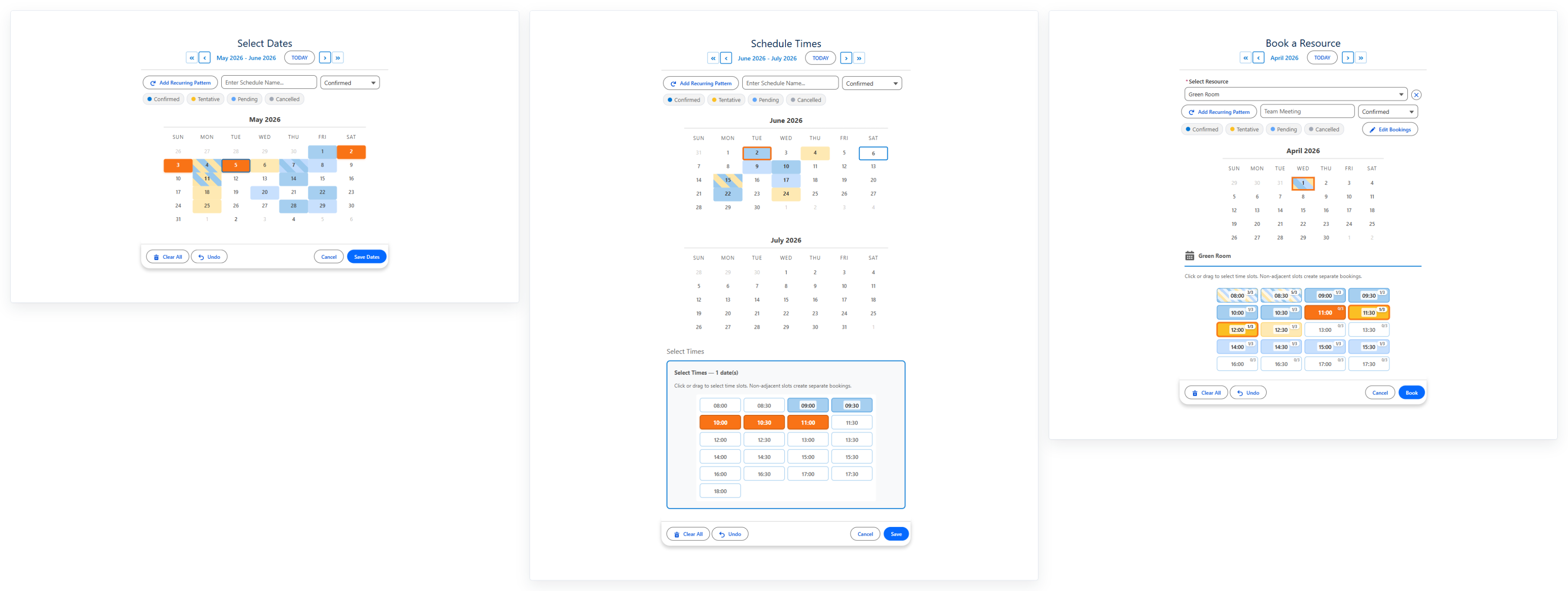 Three MultiDatePick Salesforce calendar components side by side - Date picker, Date+Time scheduler, and Resource Booking