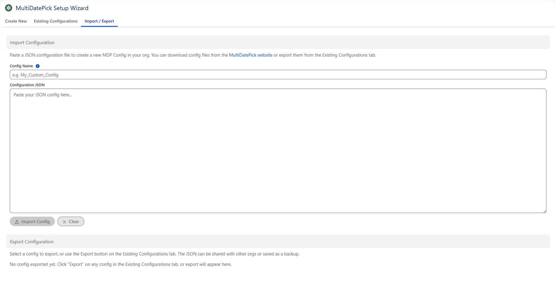 MultiDatePick Setup Wizard - Import / Export tab with Configuration JSON paste box and Export Configuration section