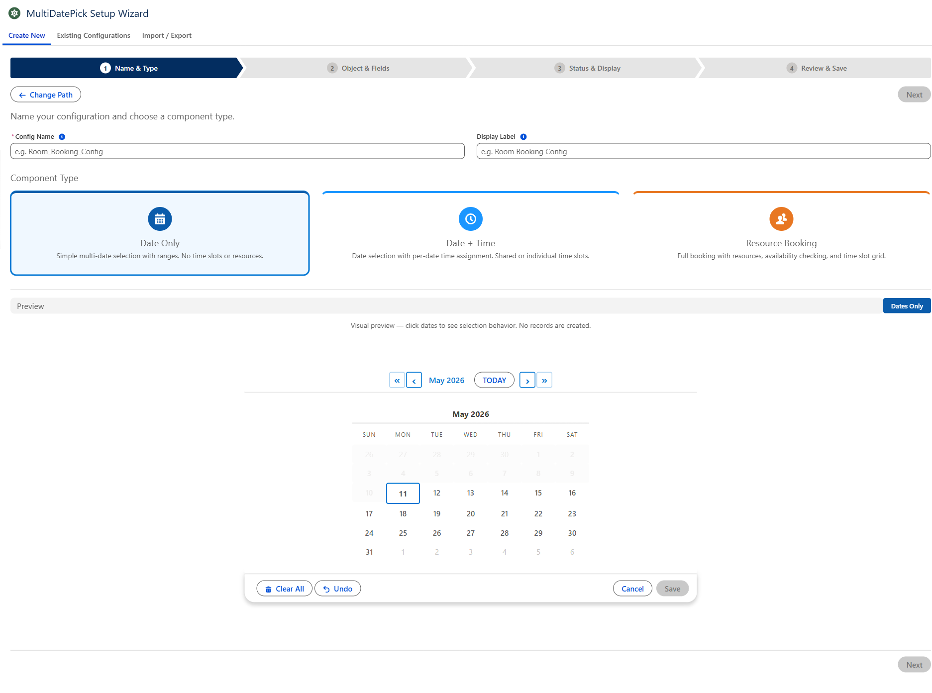 MultiDatePick Setup Wizard with the Live Preview pane showing a working calendar below the component-type selector