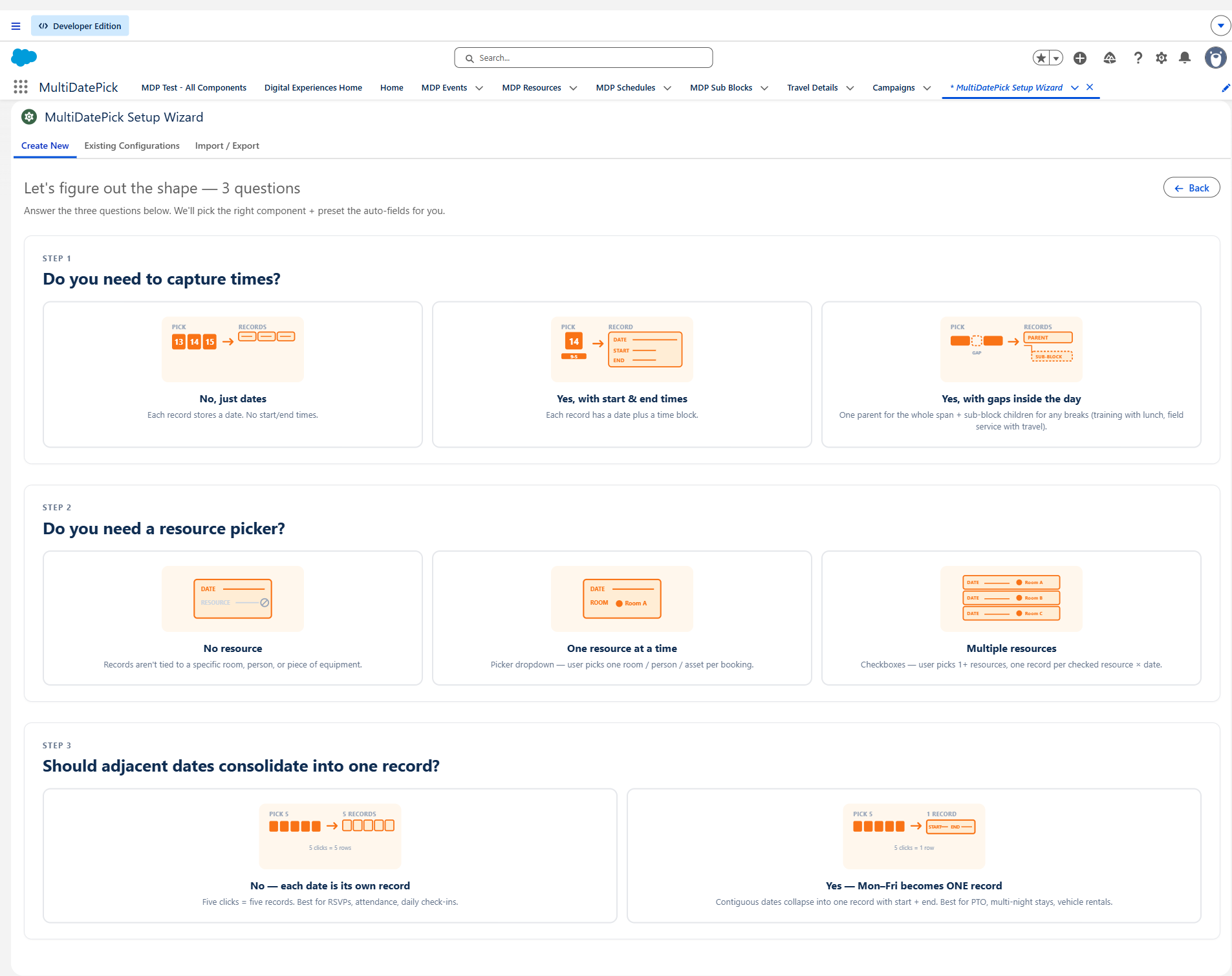Setup Wizard's Walk me through it shape-picker page showing all three yes/no questions with answer cards containing mini data-shape diagrams