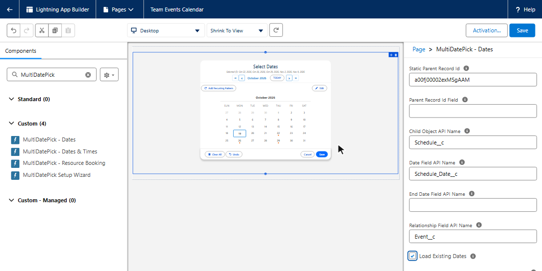 Animated demo of adding MultiDatePick to a Salesforce App Page in Lightning App Builder: drag the Dates component onto the page, fill in Static Parent Record Id, Child Object, Date Field and Relationship Field, and the Save button appears on the calendar