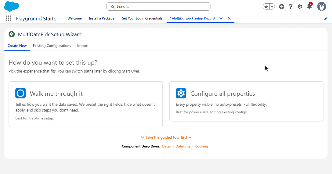 Date コンポーネントの Config Name 設定のアニメーションデモ: MultiDatePick のセットアップウィザードで Employee_Time_Off をコピーし、Lightning App Builder で Date コンポーネントをページにドロップ。Config Name を貼り付けて Static Parent Record Id を入力すると、設定のすべての内容を反映した休暇カレンダーが表示される