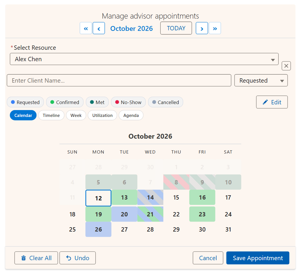 MultiDatePick Salesforce booking calendar showing one advisor month: each day colored by appointment status (Requested, Confirmed, Met, No-Show), diagonal stripes on the days that mix statuses, and a switcher for the Calendar, Timeline, Week, Utilization and Agenda views